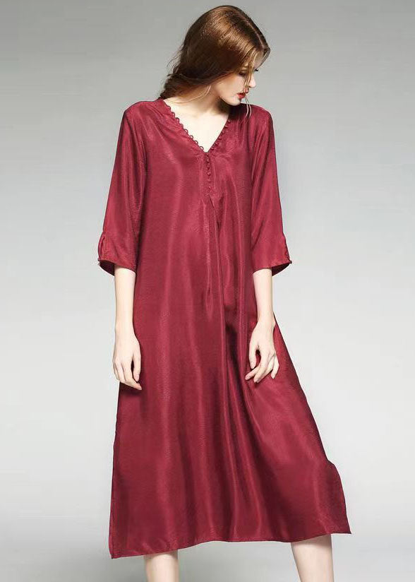 Wine Red Patchwork Silk Dress V Neck Side Open Bracelet Sleeve TF1003