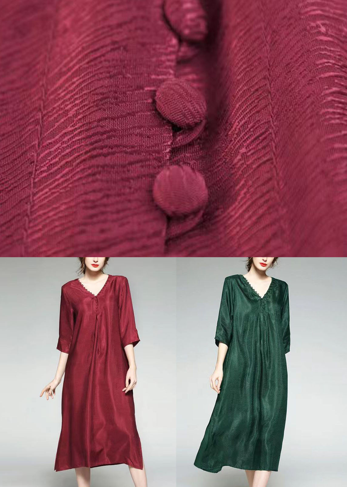 Wine Red Patchwork Silk Dress V Neck Side Open Bracelet Sleeve TF1003