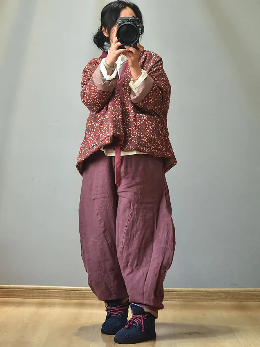 Women 100%Cotton Winter Ethnic Floral V-neck Coat Ada Fashion