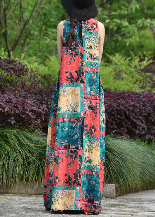 Women Abstract Print Short Sleeve Vintage Maxi Dress LC0053