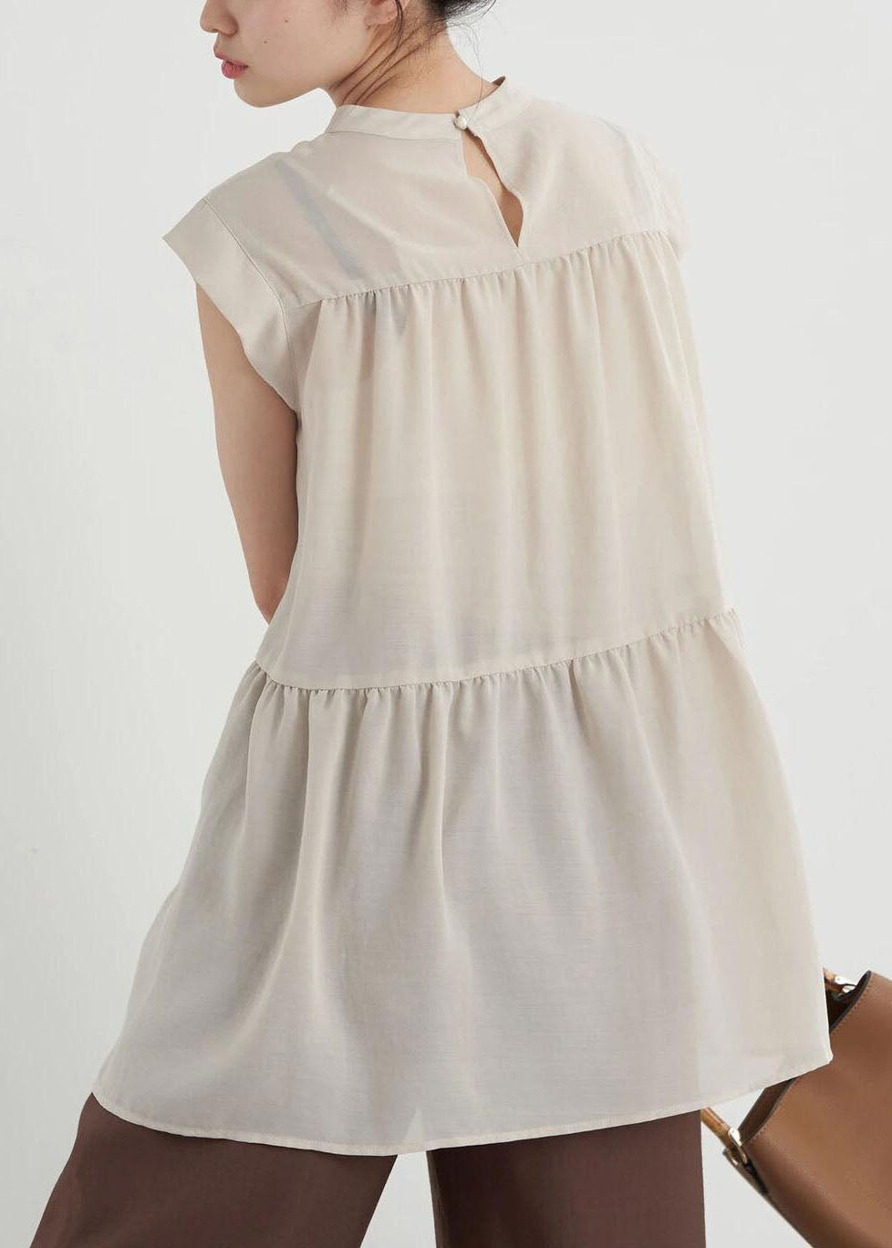 Women Apricot Slim Fit Pleated Cotton Long Shirt Sleeveless LY1324