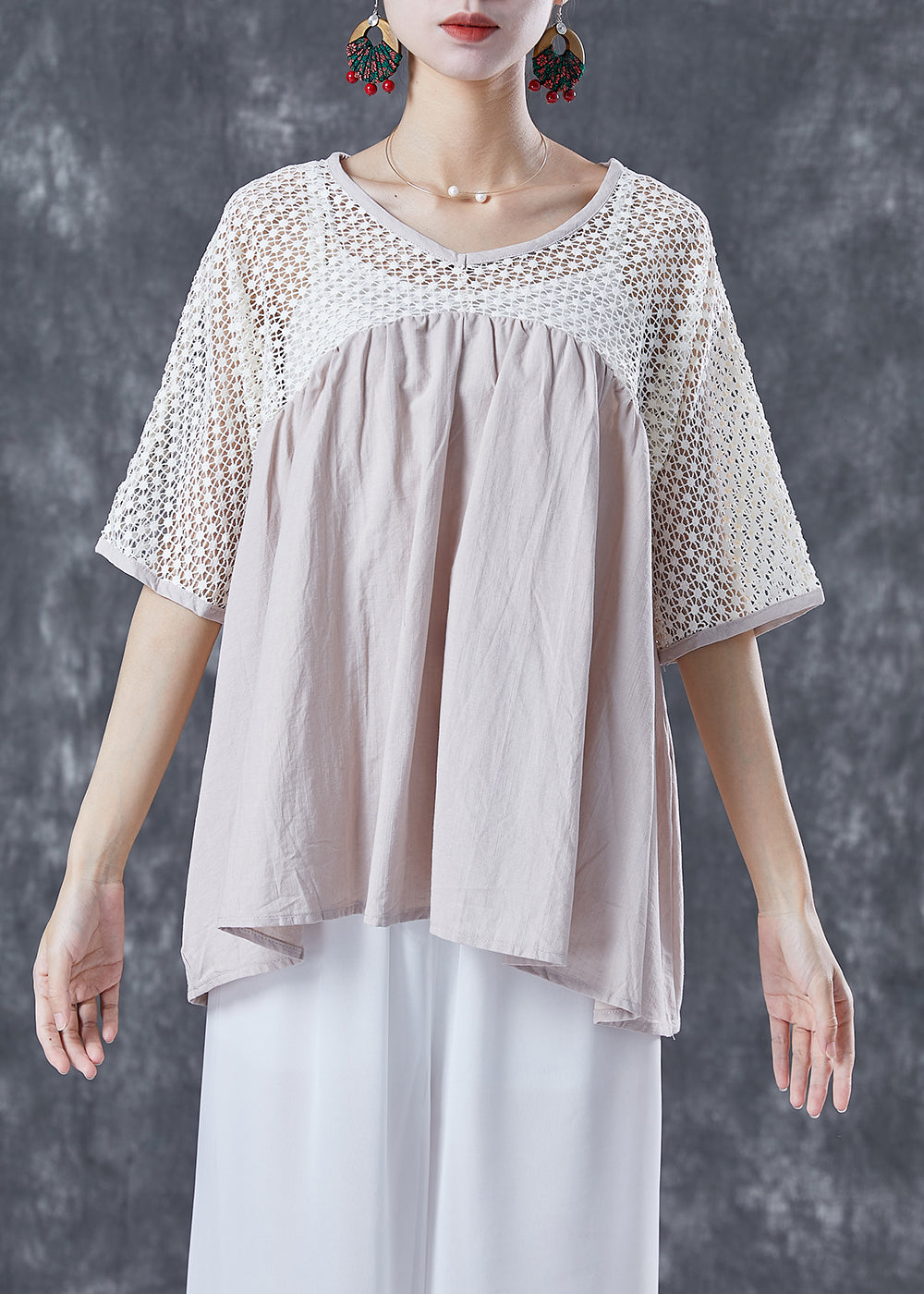 Women Beige Oversized Patchwork Cotton Shirts Summer TA1064