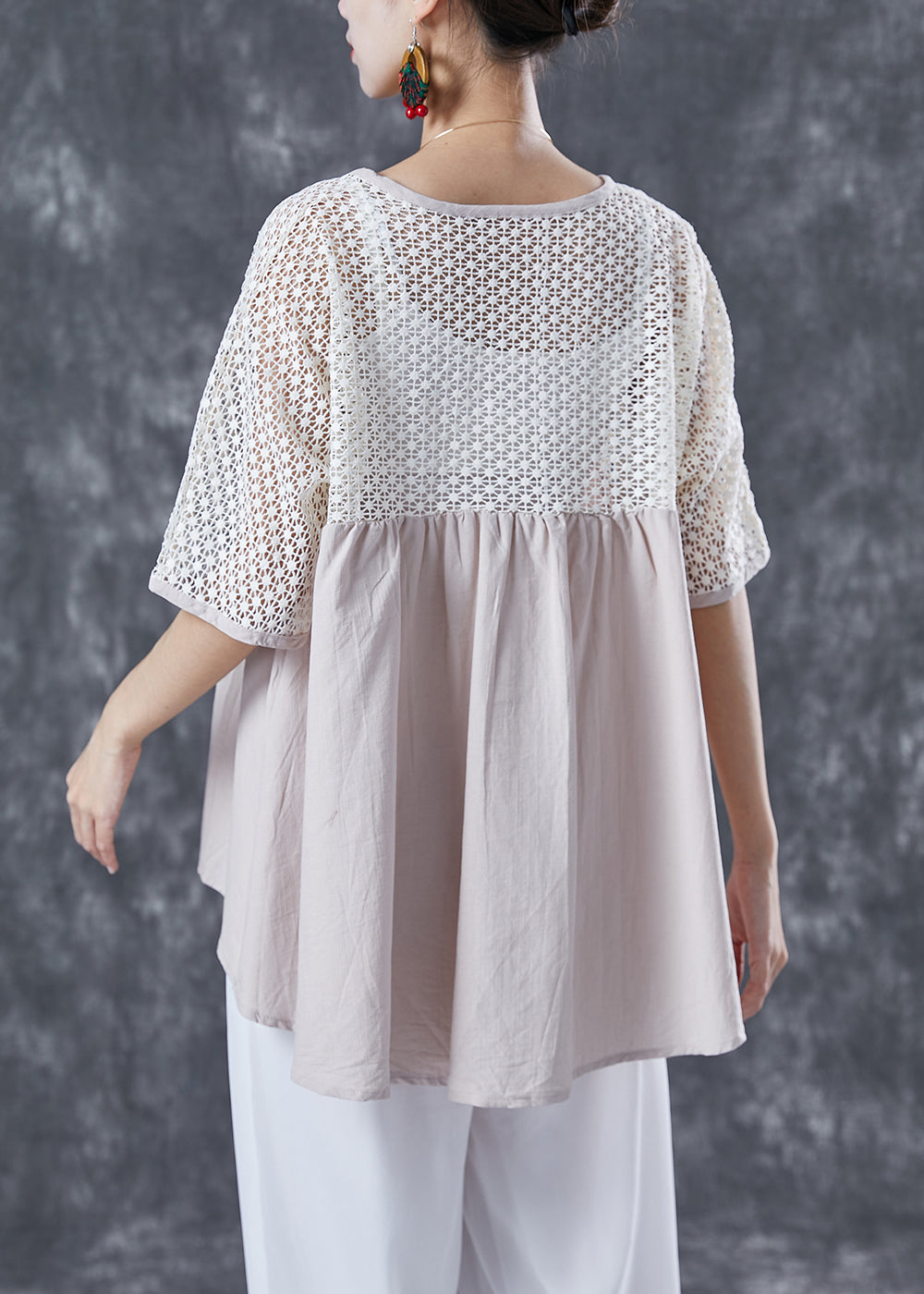 Women Beige Oversized Patchwork Cotton Shirts Summer TA1064