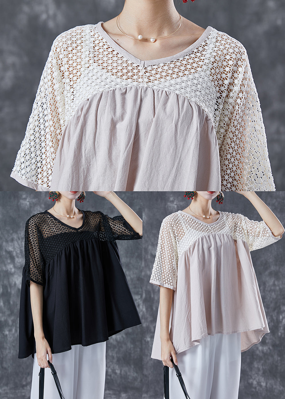 Women Beige Oversized Patchwork Cotton Shirts Summer TA1064