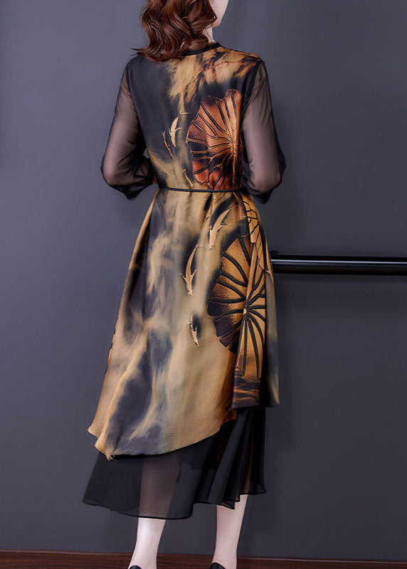 Women Black Asymmetrical Patchwork Print Silk Dress Summer TH1015