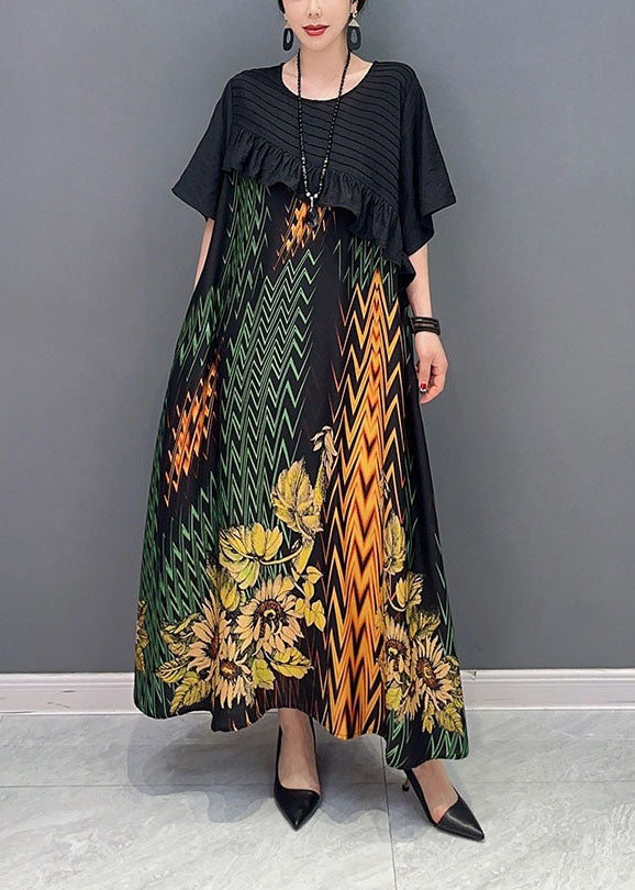 Women Black Print Patchwork Ruffled Silk Dress Summer LY1600