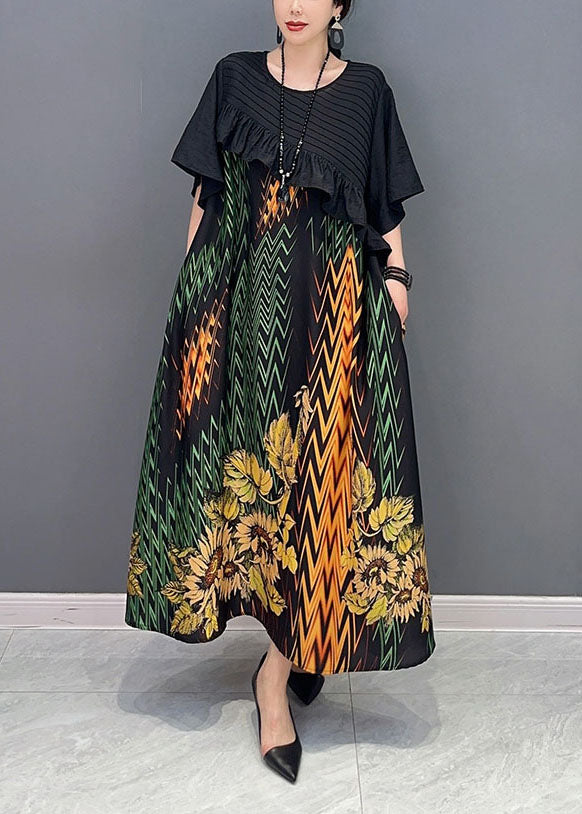 Women Black Print Patchwork Ruffled Silk Dress Summer LY1600
