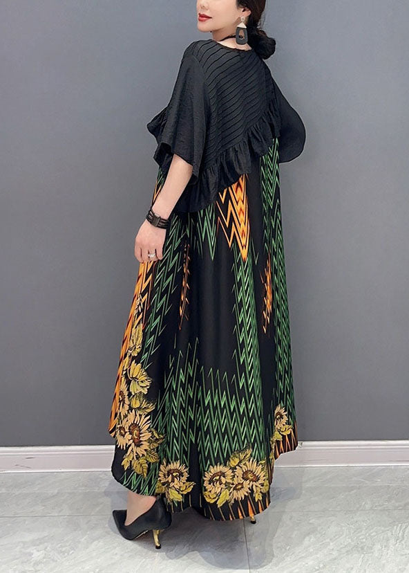 Women Black Print Patchwork Ruffled Silk Dress Summer LY1600
