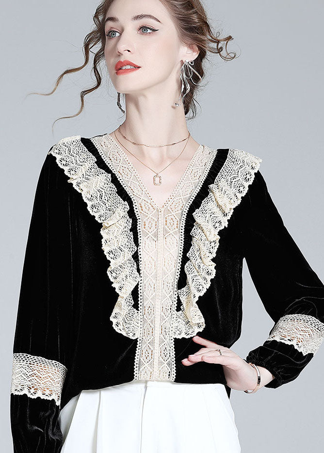 Women Black V Neck Lace Patchwork Silk Velour Top Spring LY0120
