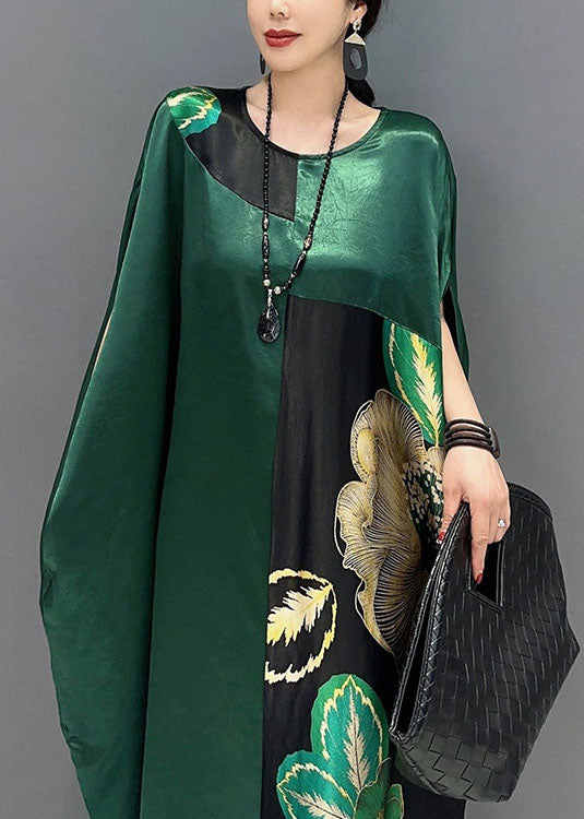 Women Blackish Green Oversized Patchwork Print Silk Dress Batwing Sleeve LY1571