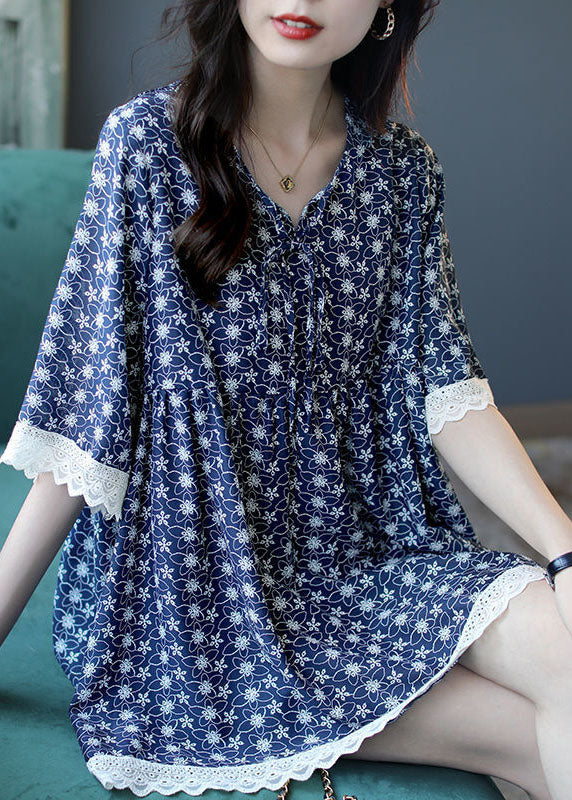Women Blue V Neck Lace Patchwork Print Chiffon Top Half Sleeve FR2019