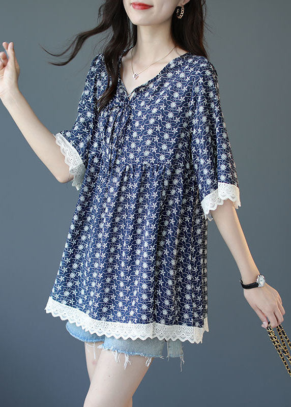 Women Blue V Neck Lace Patchwork Print Chiffon Top Half Sleeve FR2019