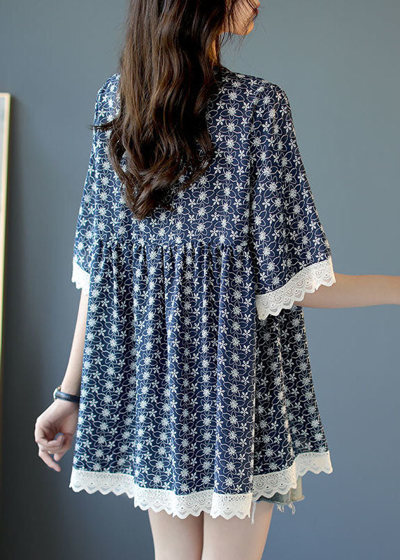 Women Blue V Neck Lace Patchwork Print Chiffon Top Half Sleeve FR2019