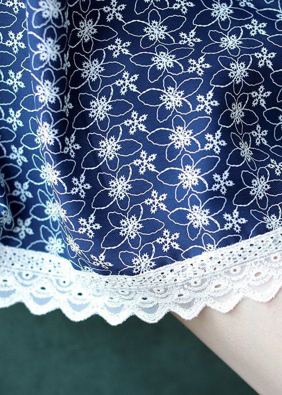 Women Blue V Neck Lace Patchwork Print Chiffon Top Half Sleeve FR2019