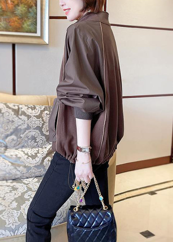 Women Chocolate Stand Collar Patchwork Zippered Sweatshirts Long Sleeve HA1029