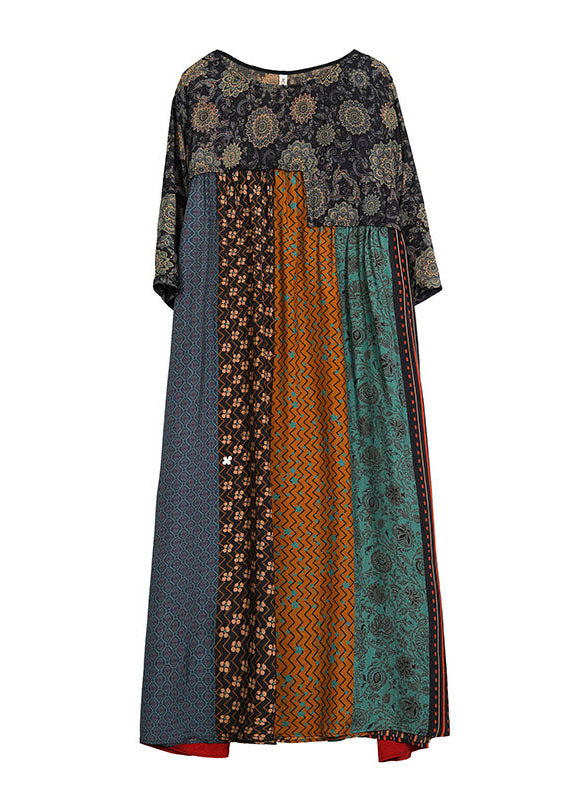 Women Colorblock O Neck Print Striped Patchwork Silk Dresses SummerTI1043