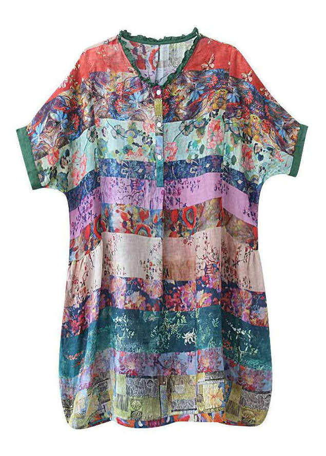 Women Colorblock Ruffled Print Patchwork Cotton Shirt Top Half Sleeve TF1040