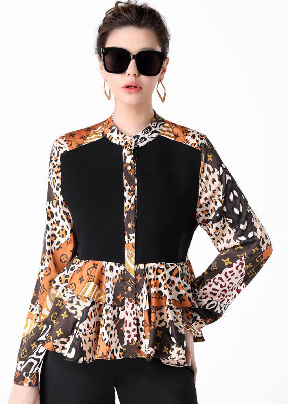 Women Colorblock Stand Collar Ruffled Print Patchwork Silk Shirts Spring TI1033