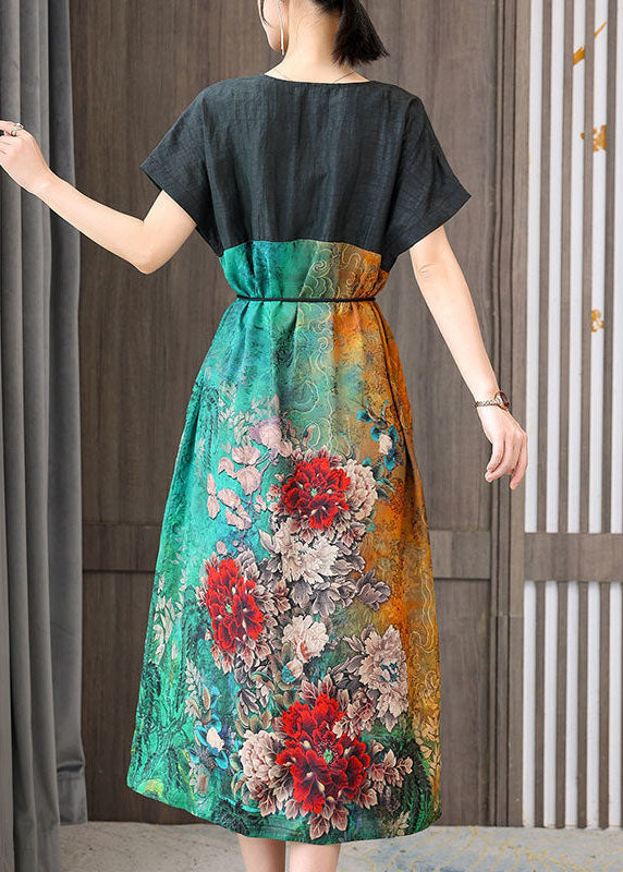 Women Colorblock V Neck Patchwork Floral Silk Dress Summer LY1683