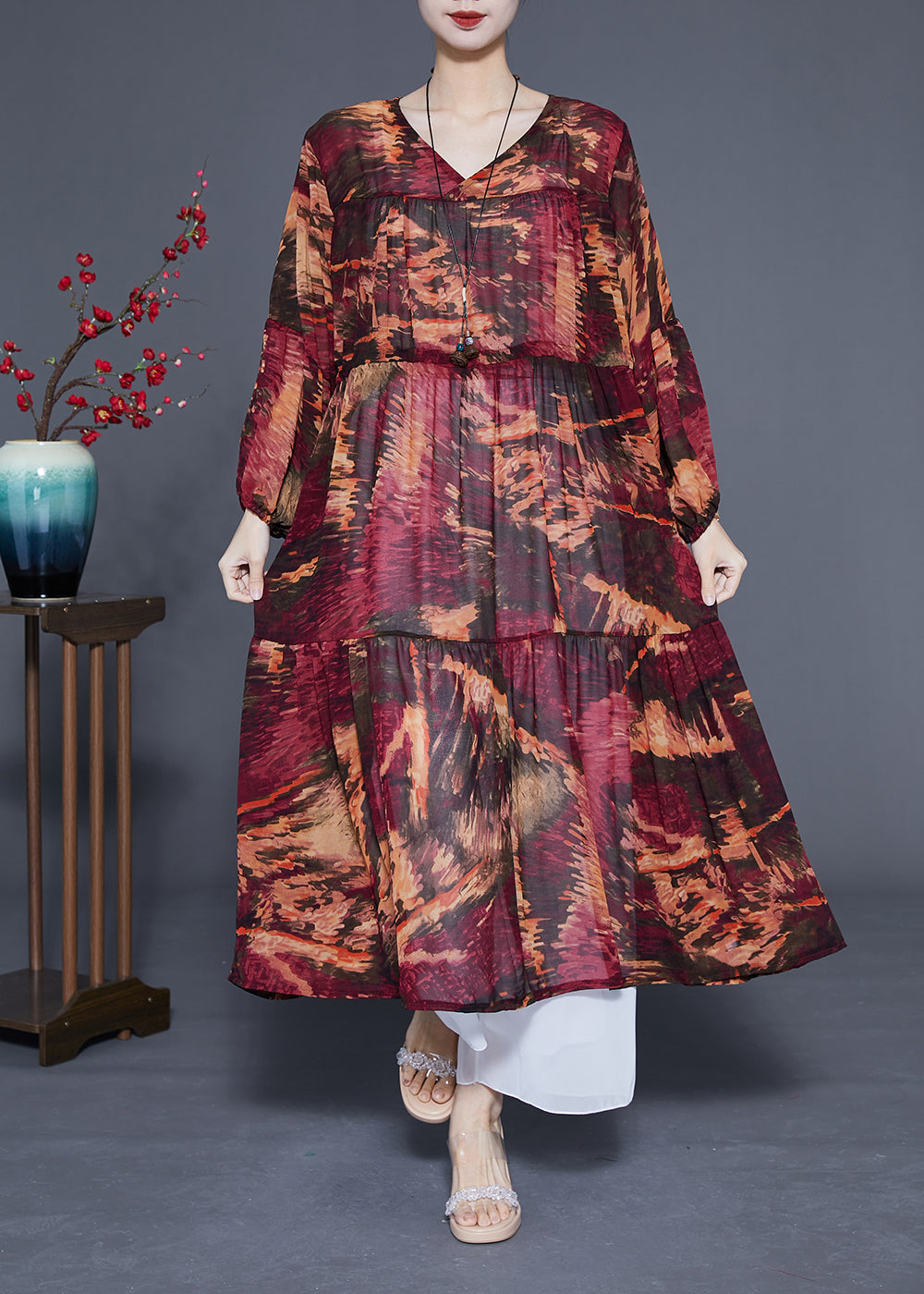 Women Dark Red V Neck Patchwork Exra Large Hem Chiffon Cinched Dresses Spring LC0424