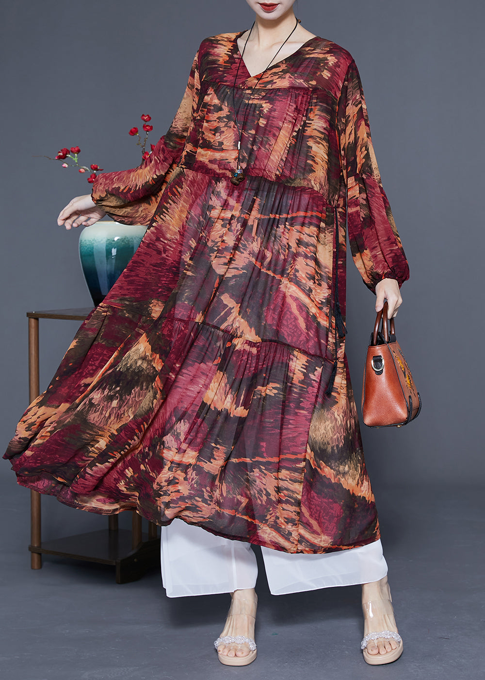 Women Dark Red V Neck Patchwork Exra Large Hem Chiffon Cinched Dresses Spring LC0424