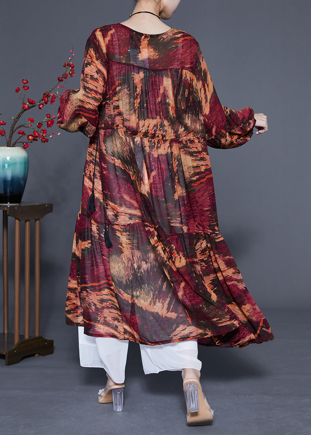 Women Dark Red V Neck Patchwork Exra Large Hem Chiffon Cinched Dresses Spring LC0424