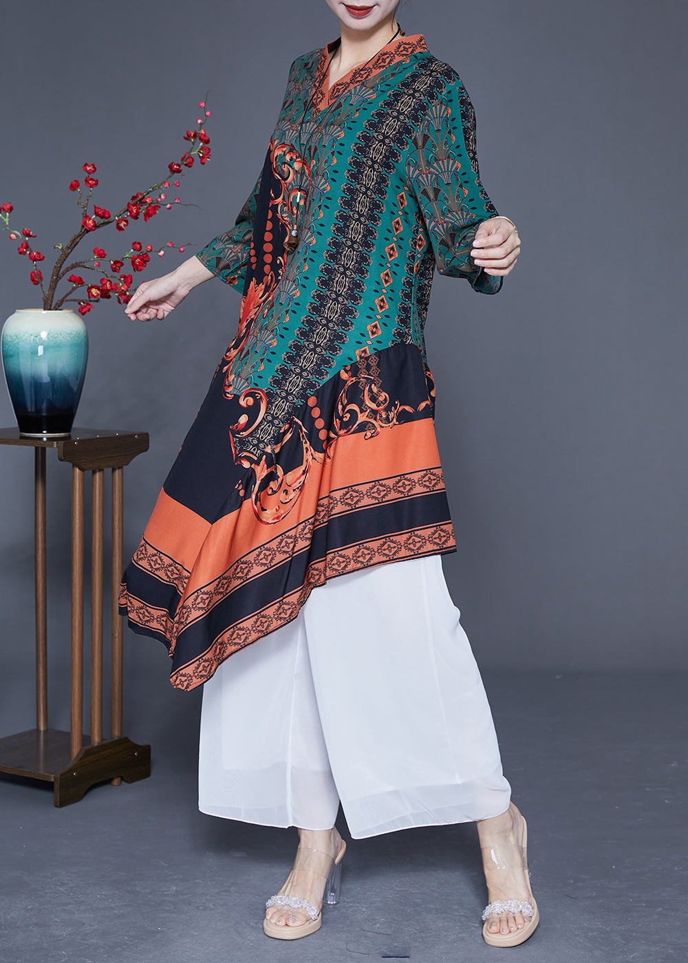 Women Green Asymmetrical Patchwork Print Silk Maxi Dresses Spring LY1769