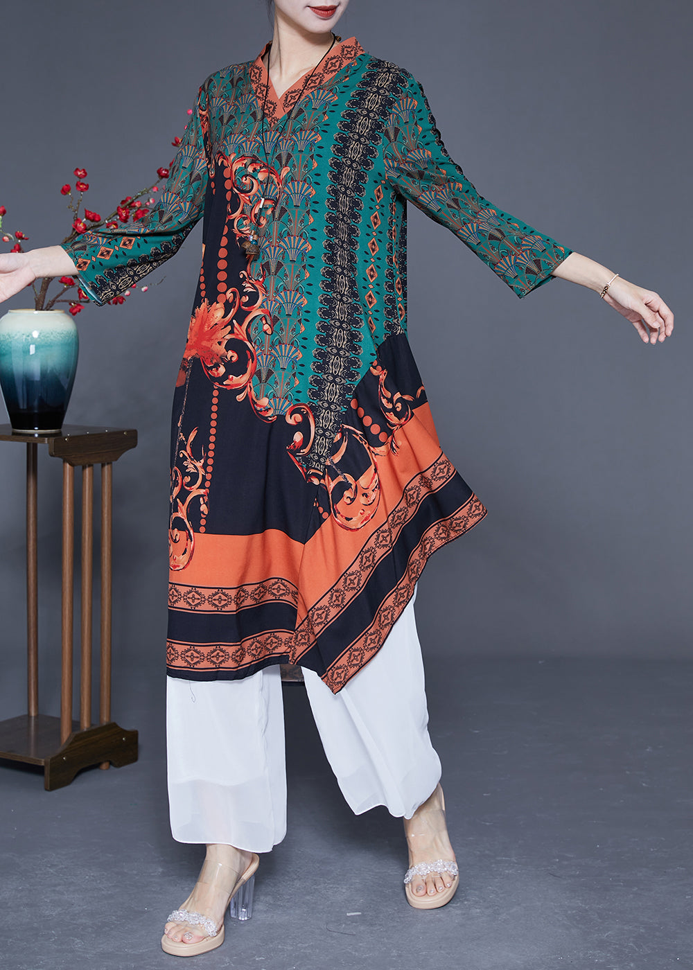 Women Green Asymmetrical Patchwork Print Silk Maxi Dresses Spring LY1769