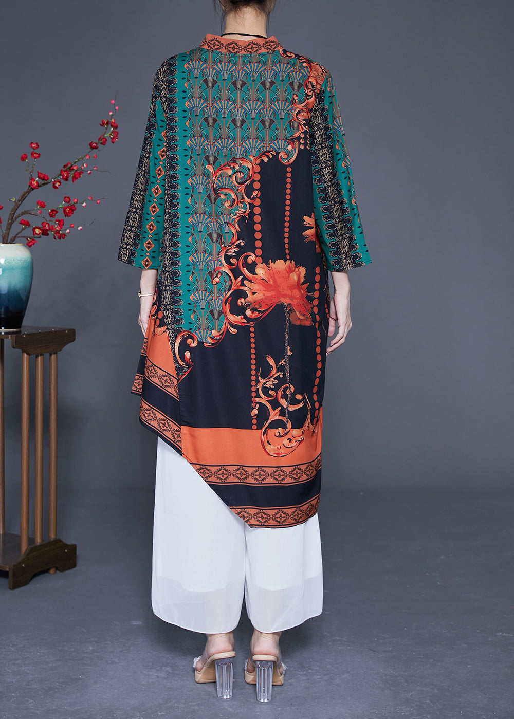 Women Green Asymmetrical Patchwork Print Silk Maxi Dresses Spring LY1769