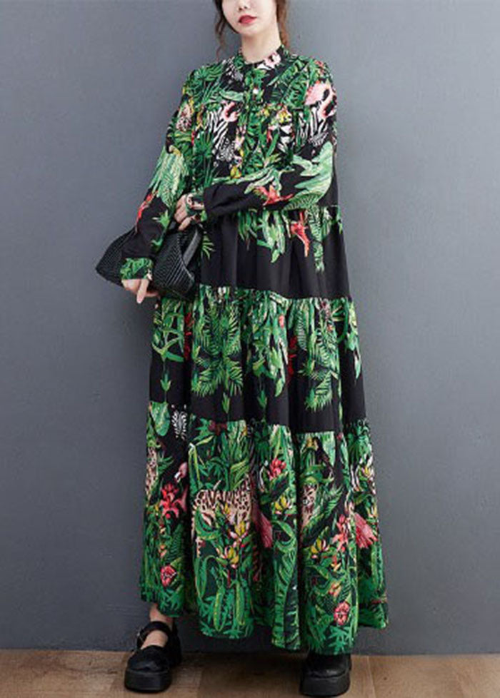 Women Green Oversized Patchwork Exra Large Hem Cotton Holiday Dress AC2094