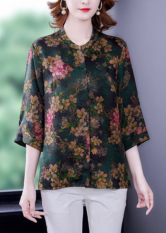 Women Green Stand Collar Print Silk Shirt Bracelet Sleeve LC0269