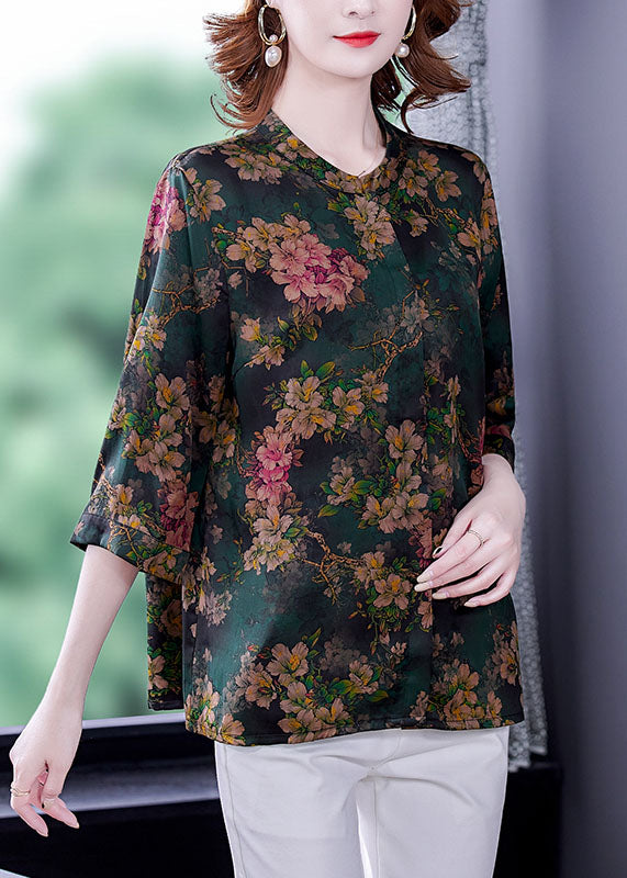 Women Green Stand Collar Print Silk Shirt Bracelet Sleeve LC0269