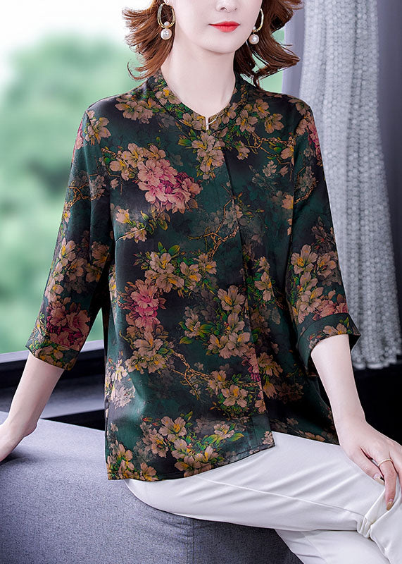 Women Green Stand Collar Print Silk Shirt Bracelet Sleeve LC0269