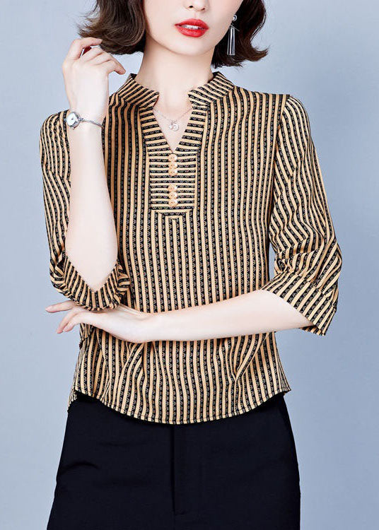 Women Khaki V Neck Striped Silk Shirts Bracelet Sleeve LY1399