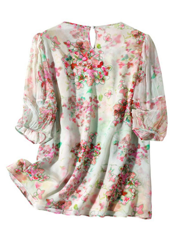 Women Light Green O-Neck Ruffled Print Silk Shirts Half Sleeve LY0710