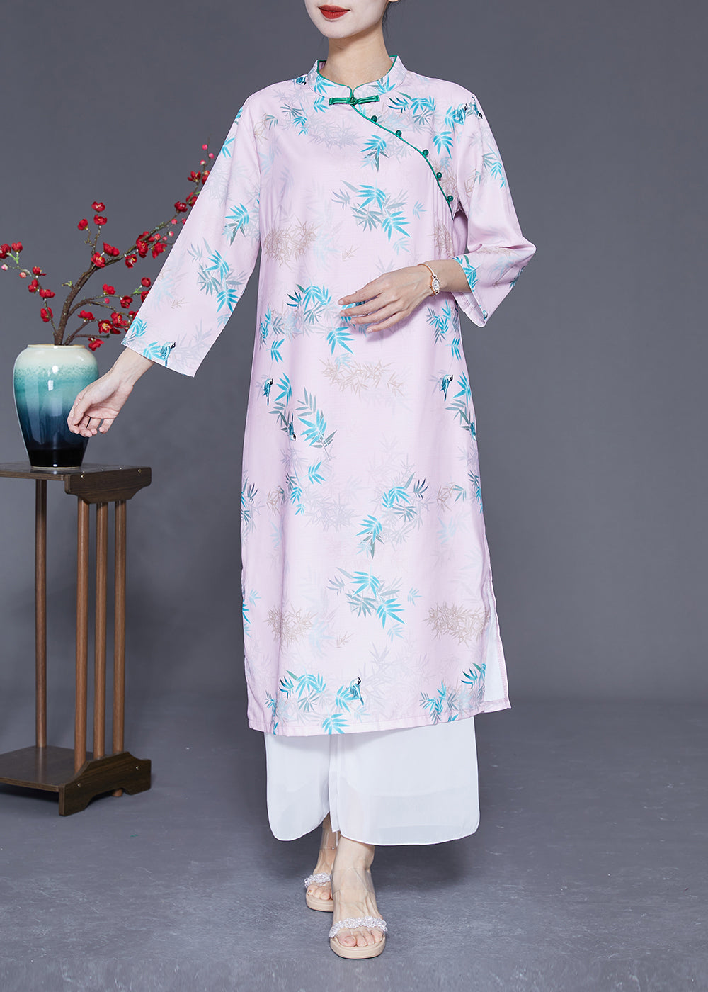 Women Light Pink Mandarin Collar Print Cotton Dresses Bracelet Sleeve LY1779