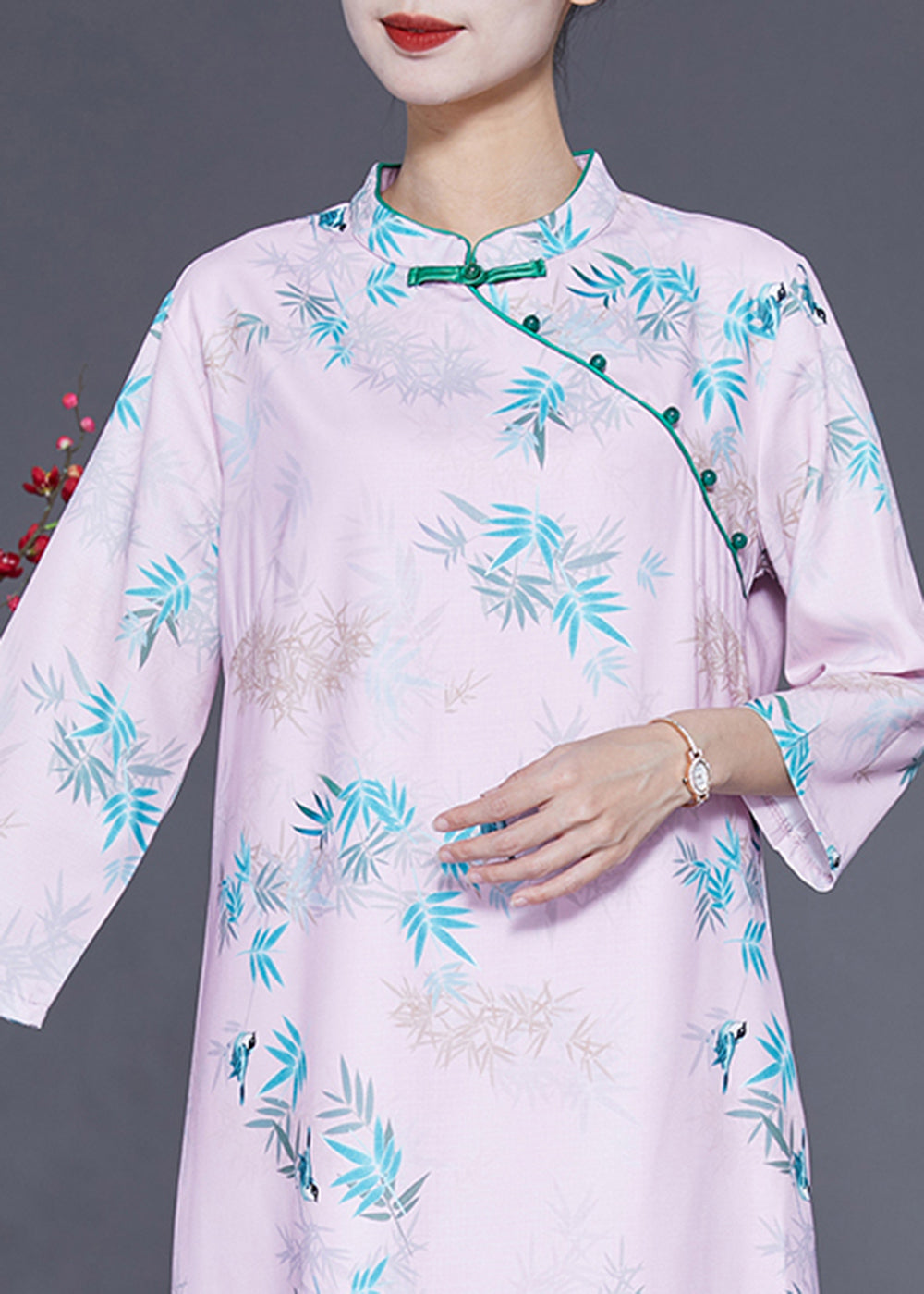 Women Light Pink Mandarin Collar Print Cotton Dresses Bracelet Sleeve LY1779