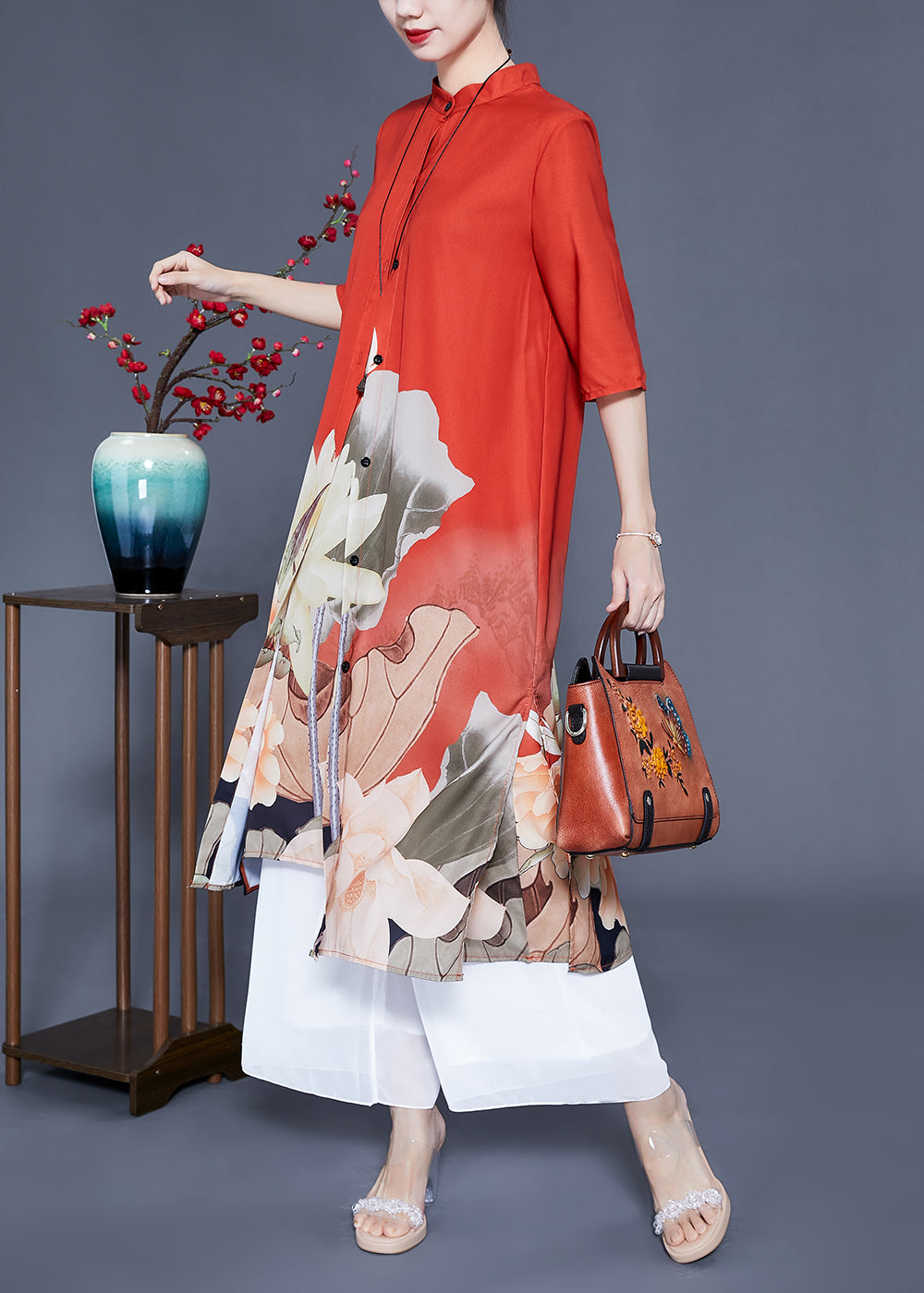 Women Orange Stand Collar Print Side Open Silk Women Sets 2 Pieces Half Sleeve LY0930