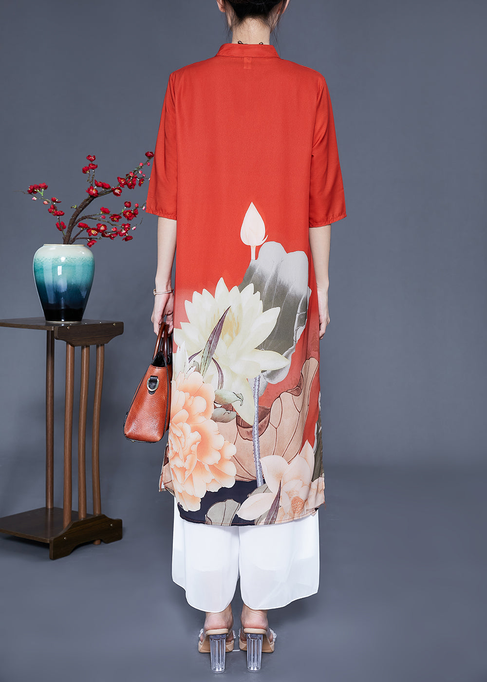 Women Orange Stand Collar Print Side Open Silk Women Sets 2 Pieces Half Sleeve LY0930