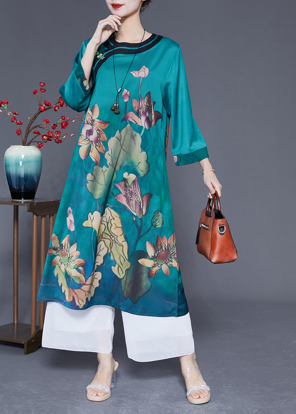 Women Peacock Blue Print Side Open Silk Holiday Dress Bracelet Sleeve LY1778