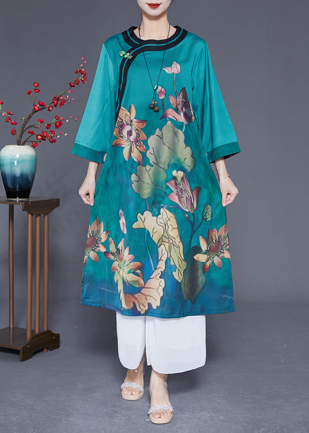 Women Peacock Blue Print Side Open Silk Holiday Dress Bracelet Sleeve LY1778