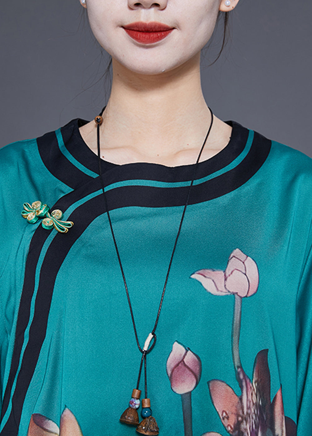 Women Peacock Blue Print Side Open Silk Holiday Dress Bracelet Sleeve LY1778