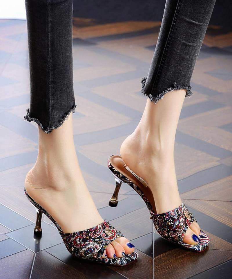 Women Peep Toe Stiletto Green Zircon High Heel Slippers LC0177