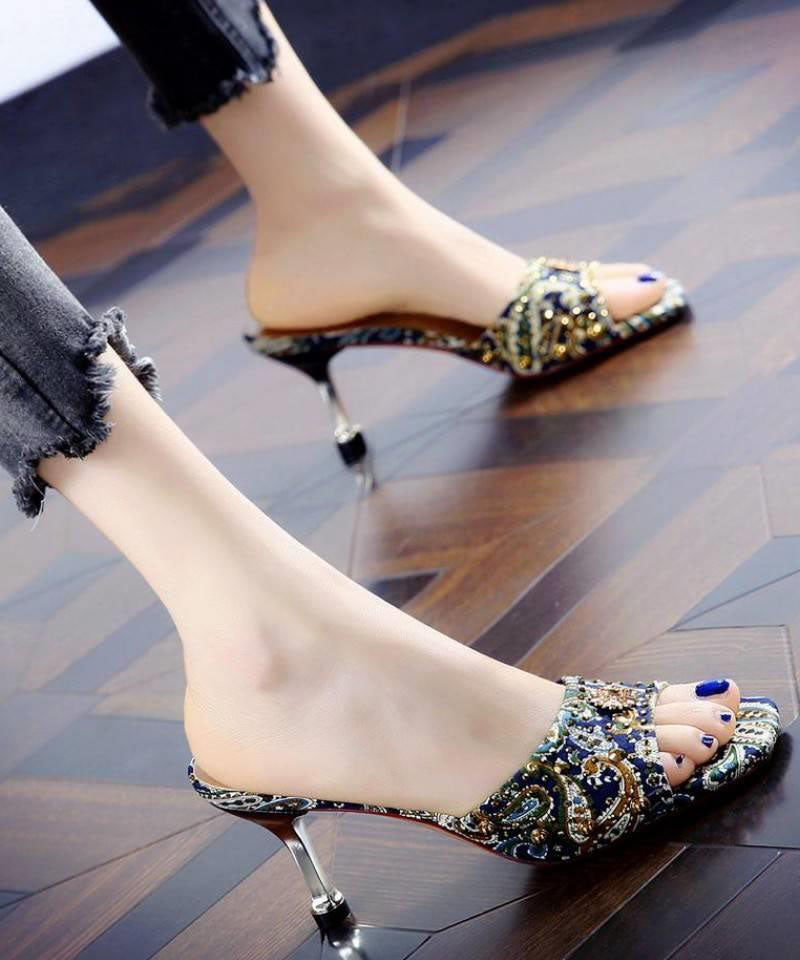 Women Peep Toe Stiletto Green Zircon High Heel Slippers LC0177