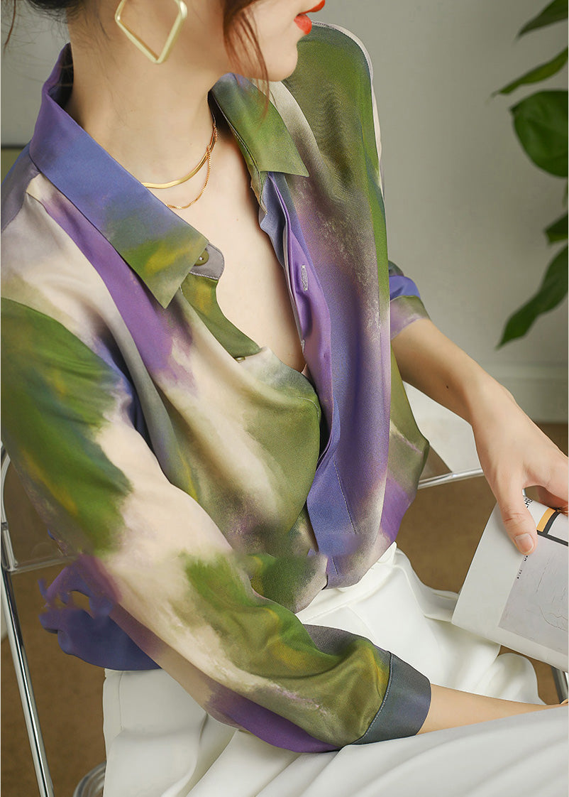 Women Peter Pan Collar Print Button Silk Shirt Long Sleeve LY0393