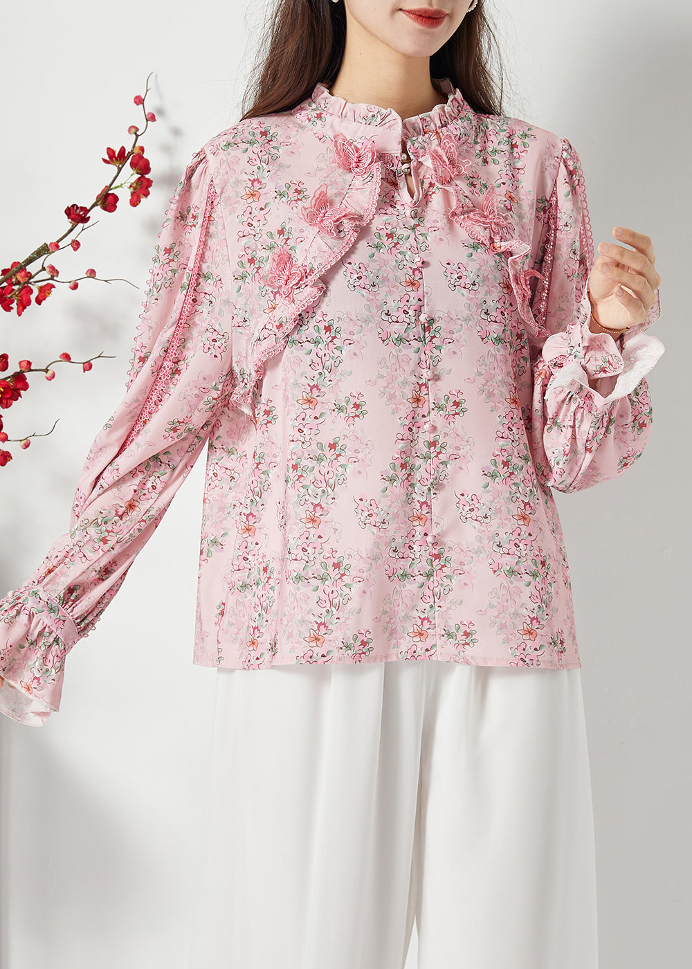 Women Pink Ruffled Patchwork Butterfly Chiffon Shirt Spring LY1118