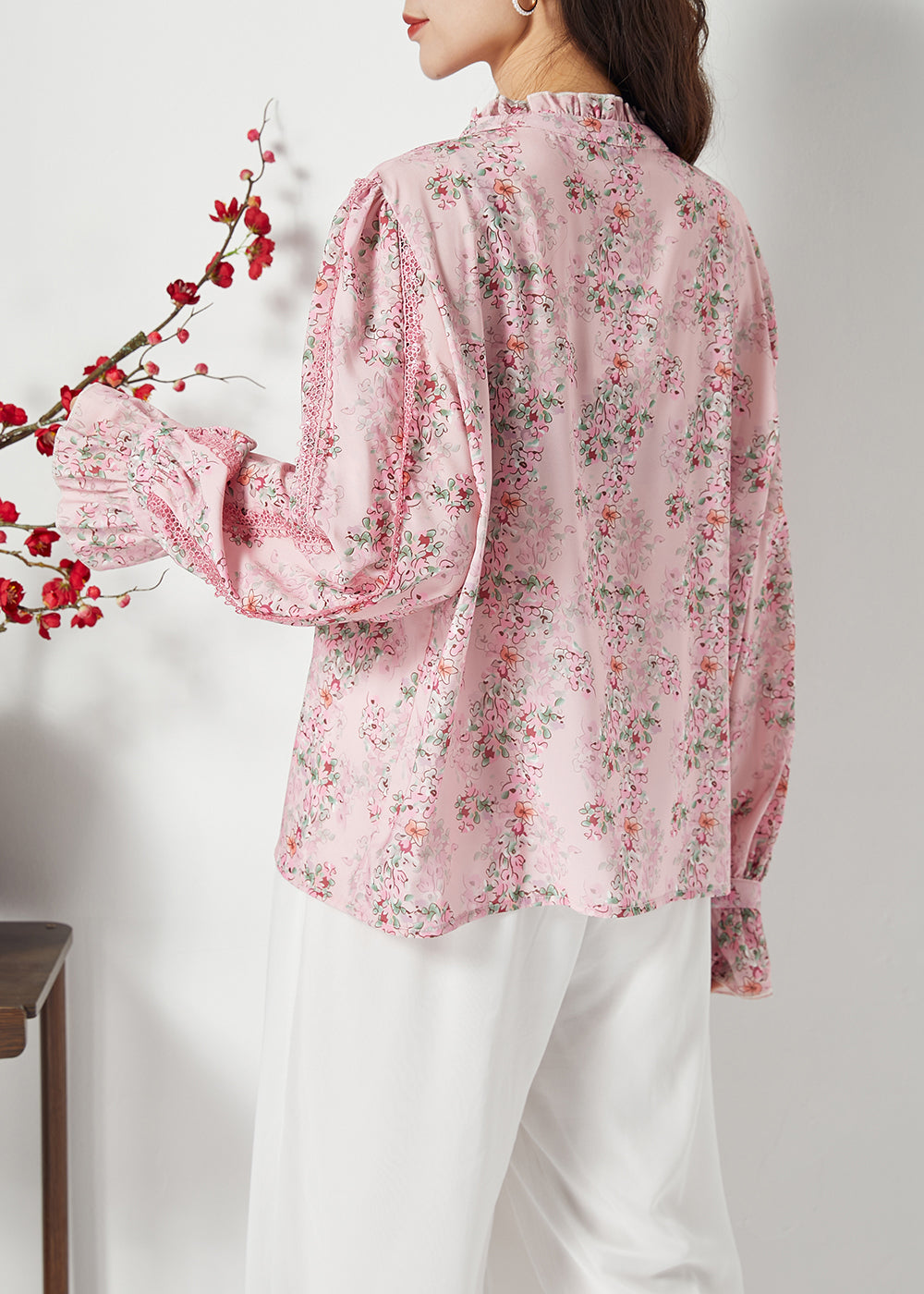 Women Pink Ruffled Patchwork Butterfly Chiffon Shirt Spring LY1118