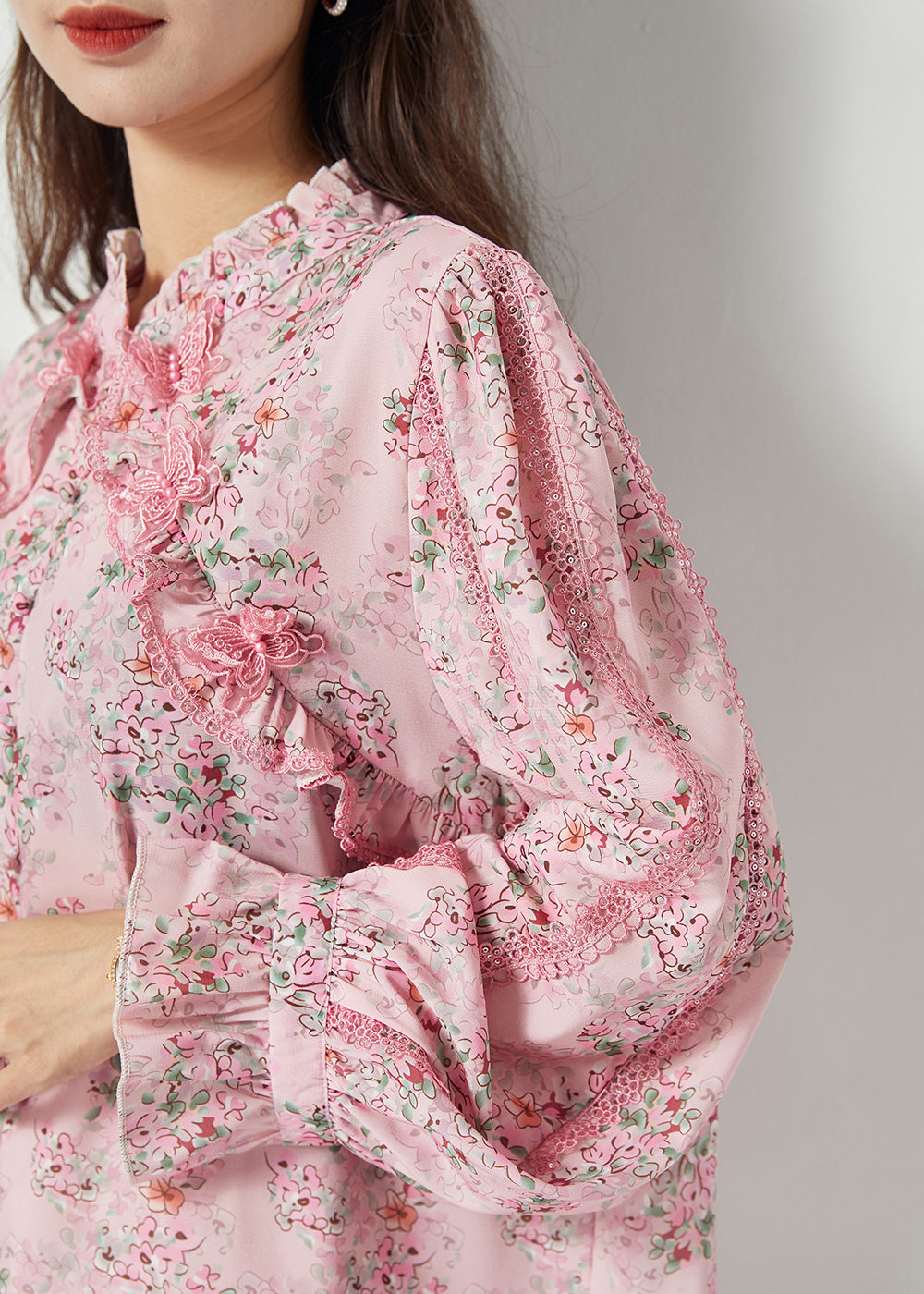 Women Pink Ruffled Patchwork Butterfly Chiffon Shirt Spring LY1118