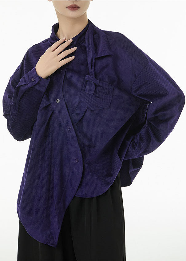 Women Purple Asymmetrical Design Silk Velour Shirt Top Spring TS1081