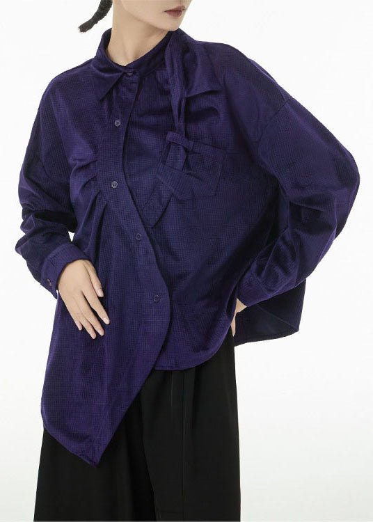 Women Purple Asymmetrical Design Silk Velour Shirt Top Spring TS1081